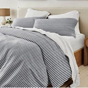 3-pc REBECCA MINKOFF Cotton NAVY BLUE Striped QUEEN SIZE Duvet Set - ALL COTTON